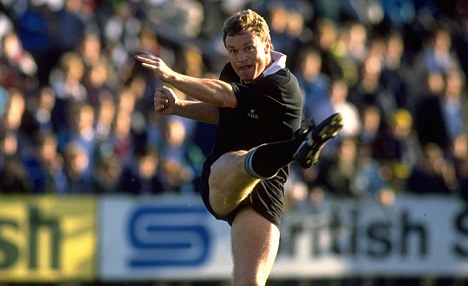 1989: Grant Fox of New Zealand kicks the ball during the match against Newport at Rodney Parade in Newport, Wales. New Zealand won the match 54-9. Mandatory Credit: Russell Cheyne/Allsport